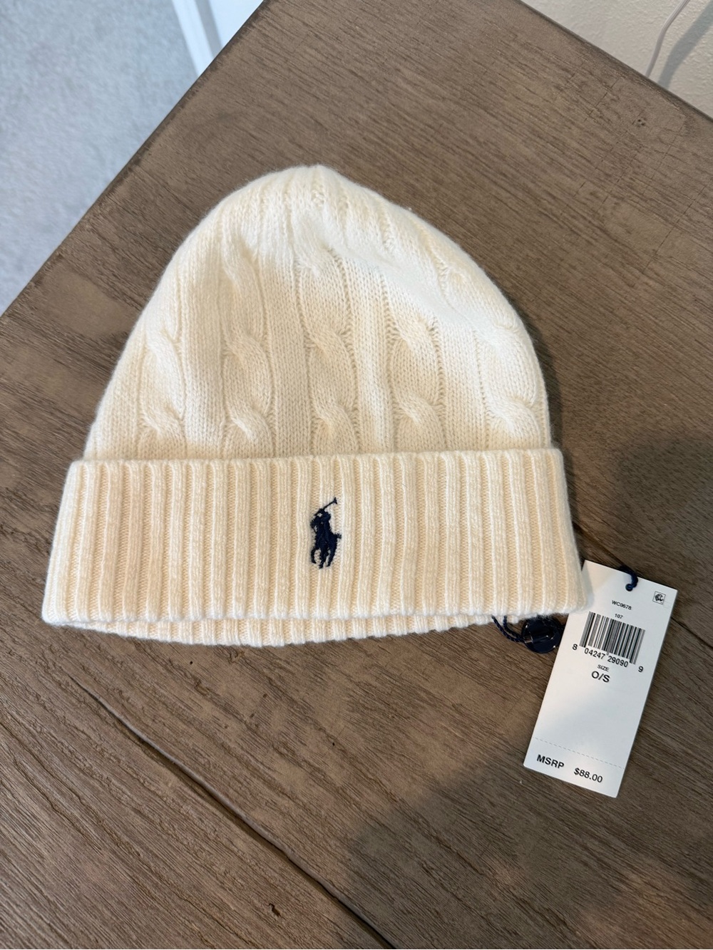 Polo wool and cashmere Cream Cable Knit Beanie with Polo Logo